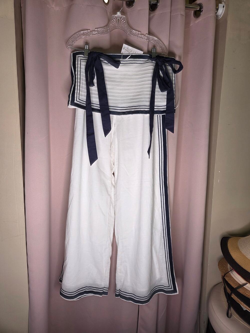 Navy / white linen 2 p pant set